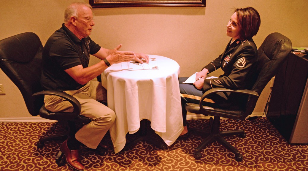 Staff Sgt. Toni Miklesavage (right), a Veteran Ambassador for the U.S. Army Heritage and Education Center, does an on-camera interview with former Sgt. Maj. of the Army Jack L. Tilley in May in El Paso, Texas. (Photos by Jonathan (Jay) Koester / NCO Journal)