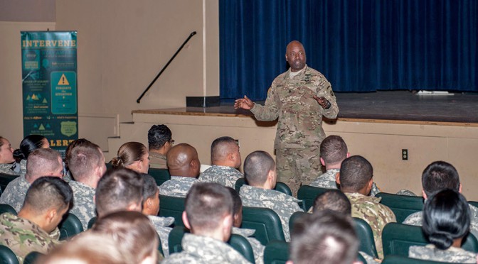 Command Sgt. Maj. Terry Gardner speaks to U.S. Army Alaska noncommissioned officers during the SHARP NCO Summit Jan. 11 at Joint Base Elmendorf-Richardson, Alaska. The summit was the first of its kind held here for USARAK NCOs.