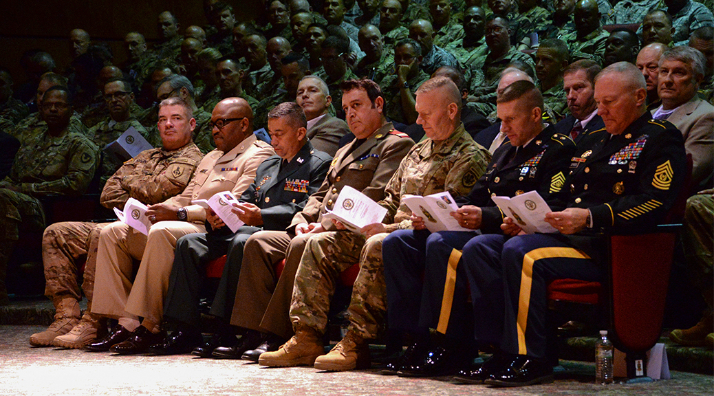 Inductees into the International Students Hall of Fame wait to be announced April 12 during opening-day ceremonies of the 2016 International Training and Leader Development Symposium at Fort Bliss, Texas. (Photo by Spc. James Seals / NCO Journal)