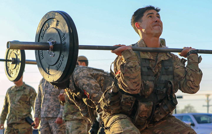 Sgt. 1st Class David Rizo performs 135-pound thrusters during the Best Sapper Competition. (U.S. Army photo by Sgt. Anthony Hewitt)