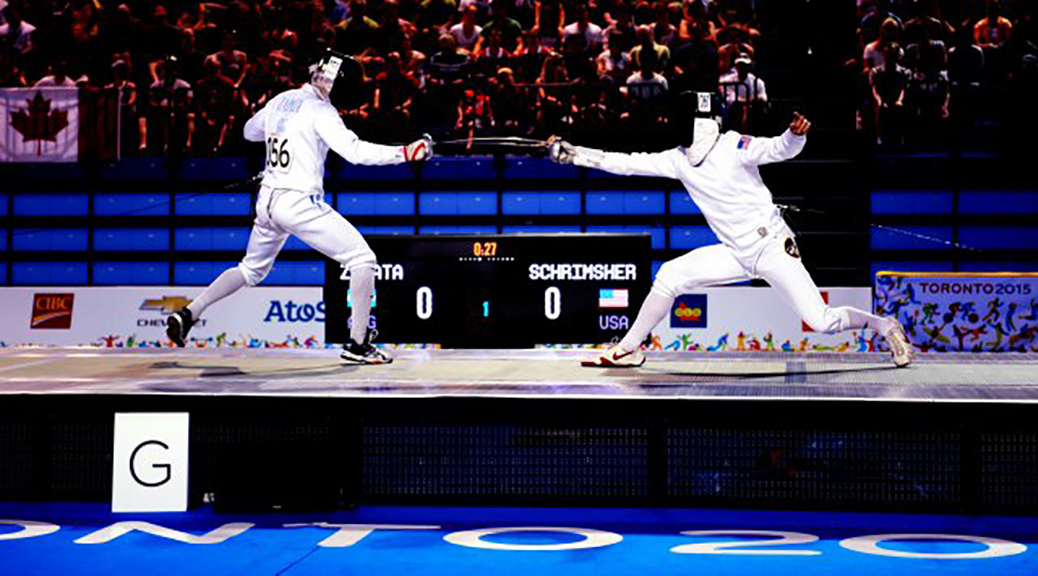 Sgt. Nathan Schrimsher fences during modern pentathlon competition at the 2015 Pan American Games in Toronto, Canada, in this July 2015 photo. Schrimsher is ranked ninth overall heading into the final day of competition at the 2016 Olympics in Rio de Janeiro, Brazil. (Tim Hipps / Army News Service)