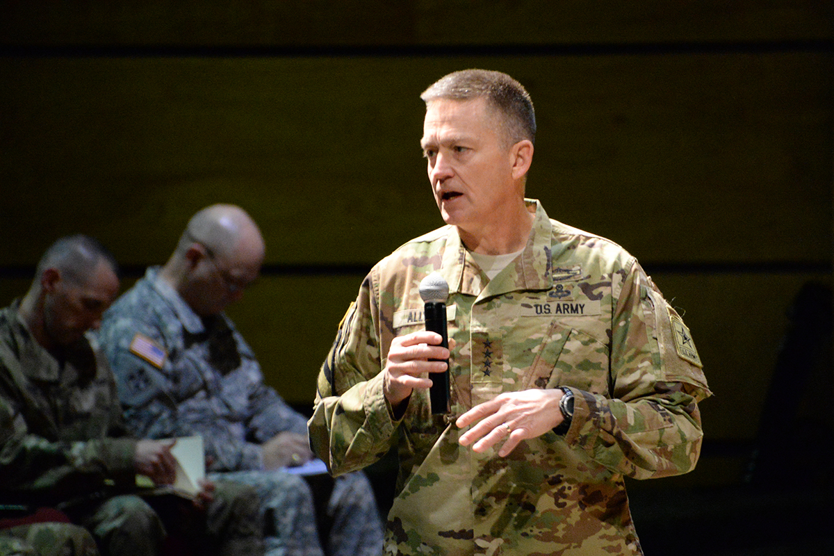 Gen. Daniel B. Allyn, Army vice chief of staff, speaks Tuesday during the opening remarks of the International Training and Leader Development Symposium at Fort Bliss, Texas. The event has drawn dozens of senior enlisted leaders and their international counterparts to discuss the challenges they face in the future. (Photo by Spc. James Seals)