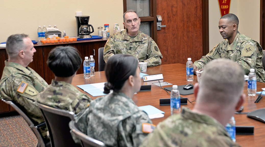 Command Sgt. Maj. David S. Davenport Sr., command sergeant major of the U.S. Army Training and Doctrine Command, visits the 168th Regiment Regional Training Institute, a multi-component RTI of Excellence at Fort Carson, Colorado, responsible for training future leaders, earlier this year. Davenport visited with RTI leaders to discuss the future of professional military education, NCO professional development, and credentialing opportunities necessary for the Army to develop adaptive, agile and creative leaders — the same themes of the second State of NCO Development Town Hall last month.