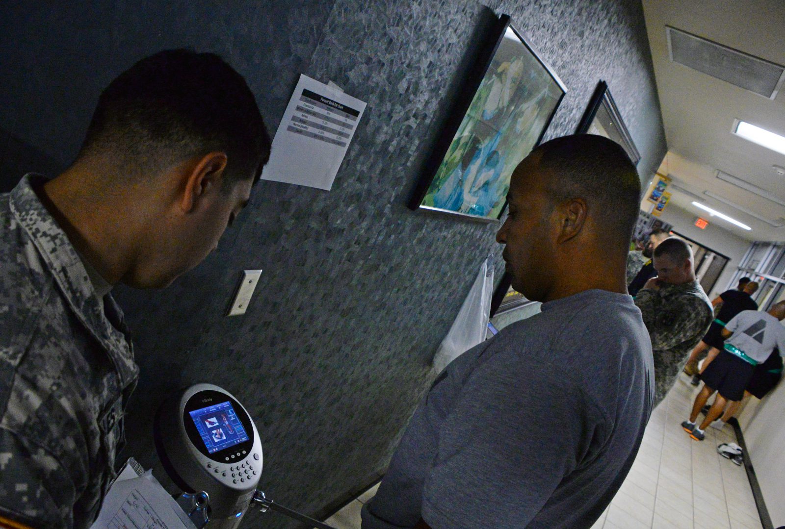 A student in the U.S. Army Sergeants Major Academy’s Class 67 has his body fat composition checked. (Photo by Clifford Kyle Jones / NCO Journal)