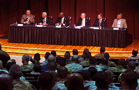 Class 66 of the Sergeants Major Course listen to a panel that includes, from left, former Army Command Sgt. Maj. William J. Gainey, former SMA Julius W. Gates, former SMA Gene C. McKinney, former SMA Jack L. Tilley, former SMA Kenneth O. Preston and former SMA Raymond F. Chandler.