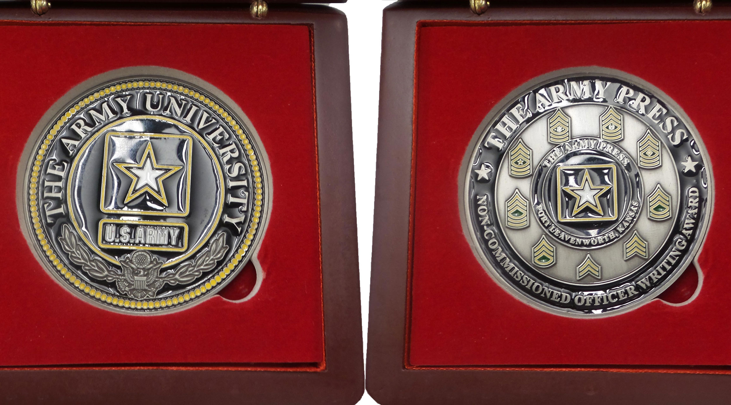 Pictured are both sides of Army University’s Army Press coin for noncommissioned officer writing excellence. The winner of the program’s competition each quarter will receive this encased coin and a personal note from the Army University Provost, Brig. Gen. John S. Kem. (Photo by Master Sgt. Gary Qualls, Jr. / NCO Journal)