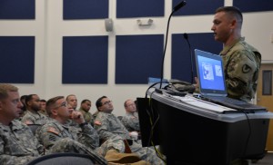 Sgt. 1st Class John C. Hardwick, senior enlisted advisor for the Army Research Laboratory-Human Research and Engineering Directorate Advanced Training and Simulation Division, Sgt. 1st Class Paul Ray Smith Center University of Central Florida, explains what ARL and STTC contribute to the U.S. Army’s Research, Development and Engineering Command and to the Army during the Noncommissioned Officer Professional Development training sessions in October. (Photo by Martha C. Koester / NCO Journal)