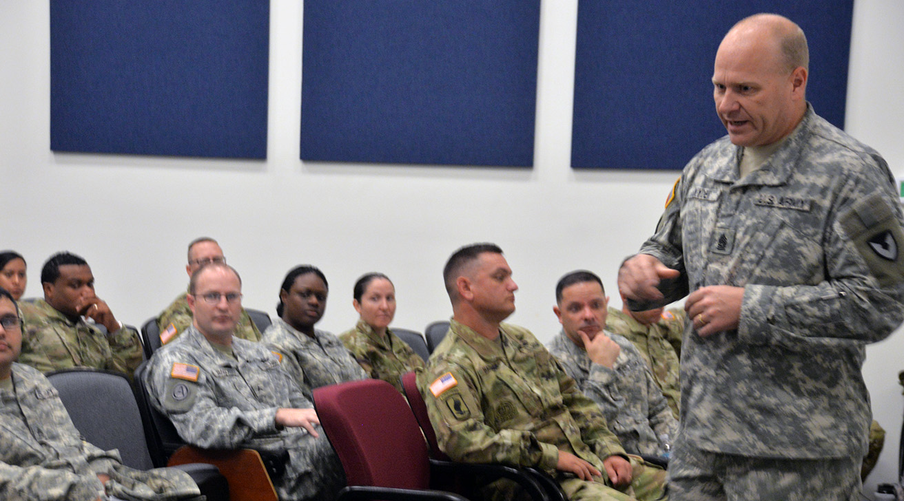 Sgt. Maj. James P. Snyder, command sergeant major and senior enlisted advisor of the U.S. Army Research, Development and Engineering Command, urges NCOs to make professional connections during the Noncommissioned Officer Professional Development System training sessions. More than 50 NCOs attended the event in October in the Sgt. 1st Class Paul Ray Smith Simulation and Training Technology Center. (Martha C. Koester / NCO Journal)