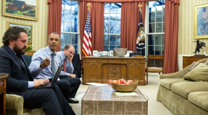 President Barack Obama works on the State of the Union address Jan. 11 in the Oval Office with Director of Speechwriting Cody Keenan and Ben Rhodes, deputy national security advisor for strategic communications, in the Oval Office Jan. 11, 2016. (Photo courtesy of White House)