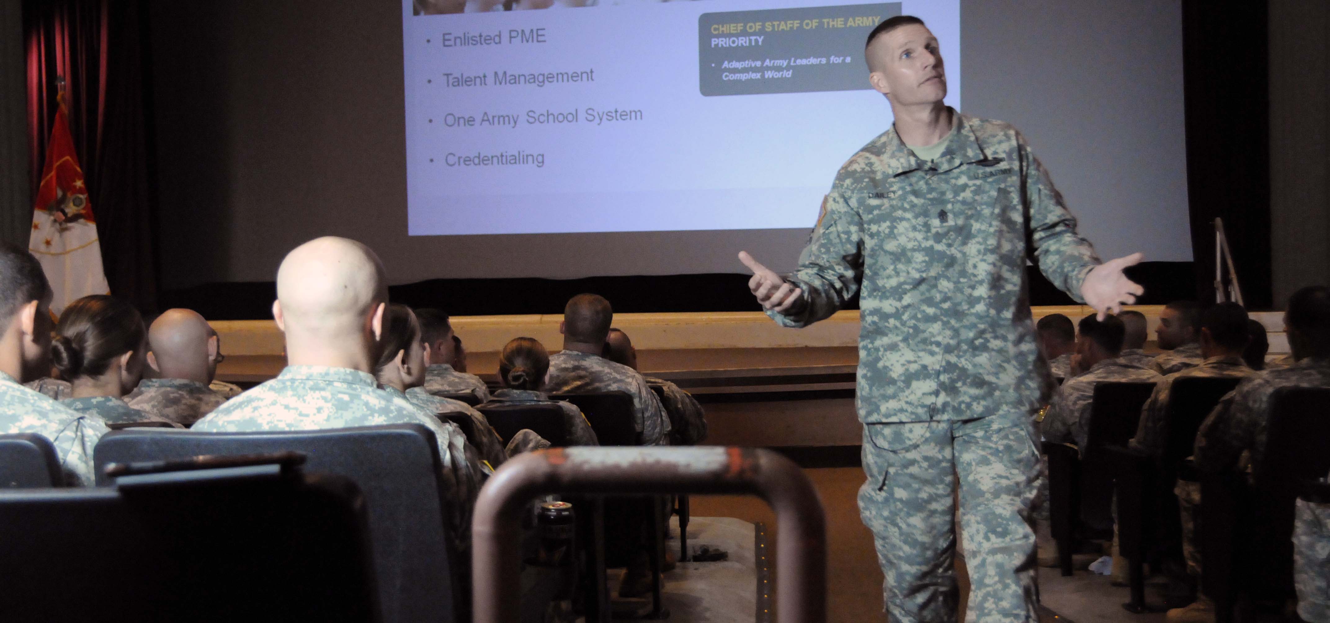 Sgt. Maj. of the Army Daniel A. Dailey speaks to noncommissioned officers during a town hall meeting May 11 at Schofield Barracks, Hawaii. Dailey spoke earlier in May against cyberbullying in the Army at the NCO Solarium 2015 at Fort Leavenworth, Kan. (Photo by Jonathan (Jay) Koester / NCO Journal)