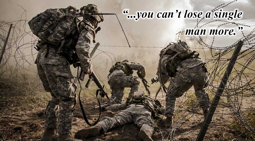 A U.S. Army Soldier, assigned to the Washington National Guard, uses his body to create an opening in a wire obstacle so his team can assault a position during the August 2015 Exercise Grizzly Defender in Alberta, Canada. (Photo illustration by Spc. James Seals, using photo by Sgt. Matthew Sissel.)